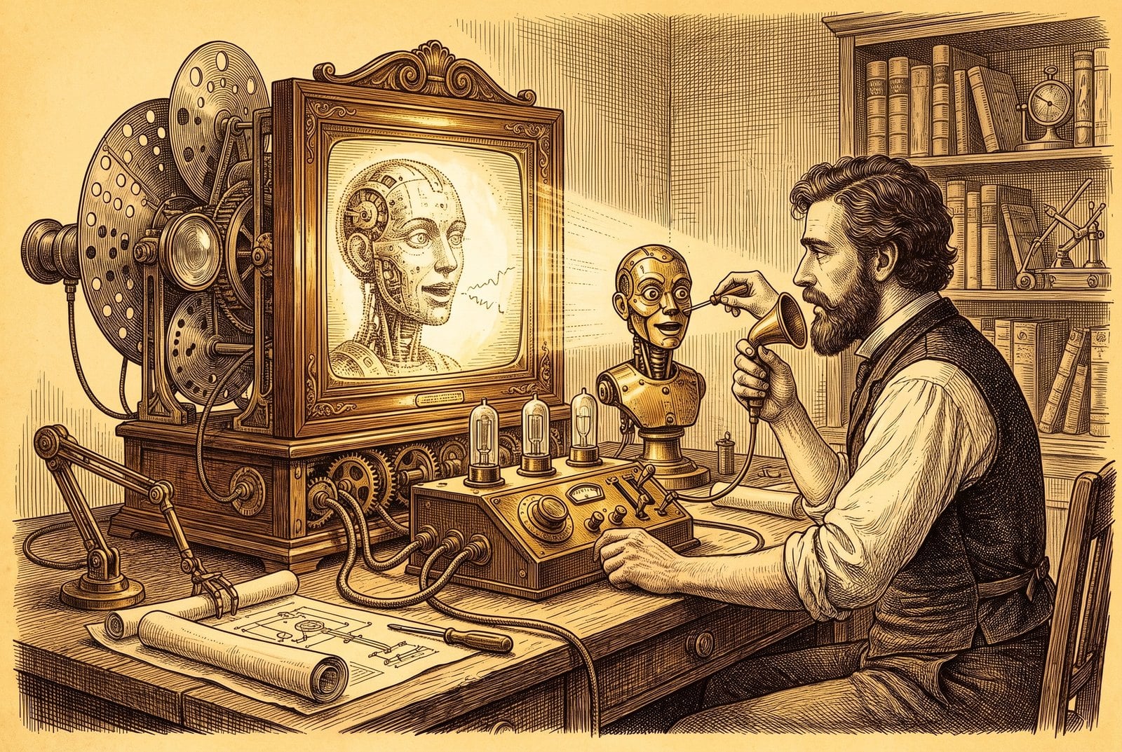 A bearded man operates a desktop machine projecting a glowing humanoid face on a screen beside a small robot bust.