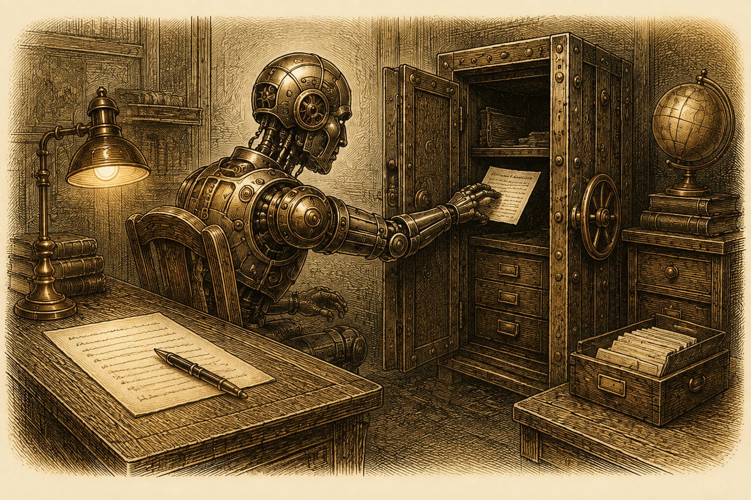 A brass automaton retrieves a paper from an open safe beside an examination desk.