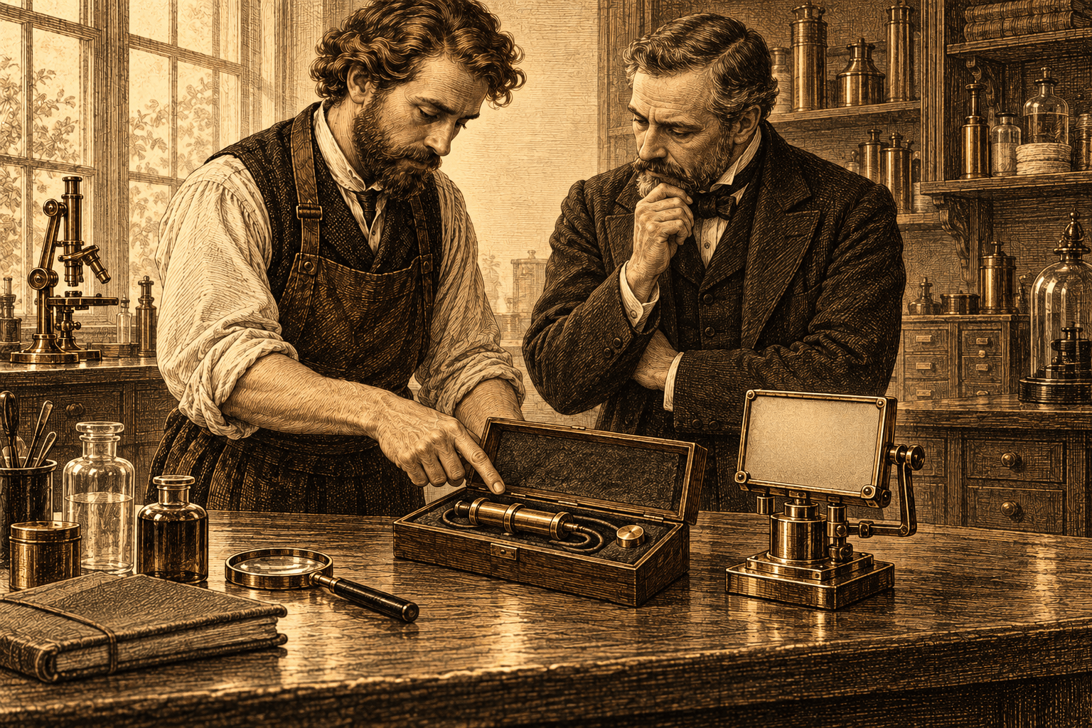 A researcher shows a small brass probe in its fitted case to a visitor at a laboratory bench.