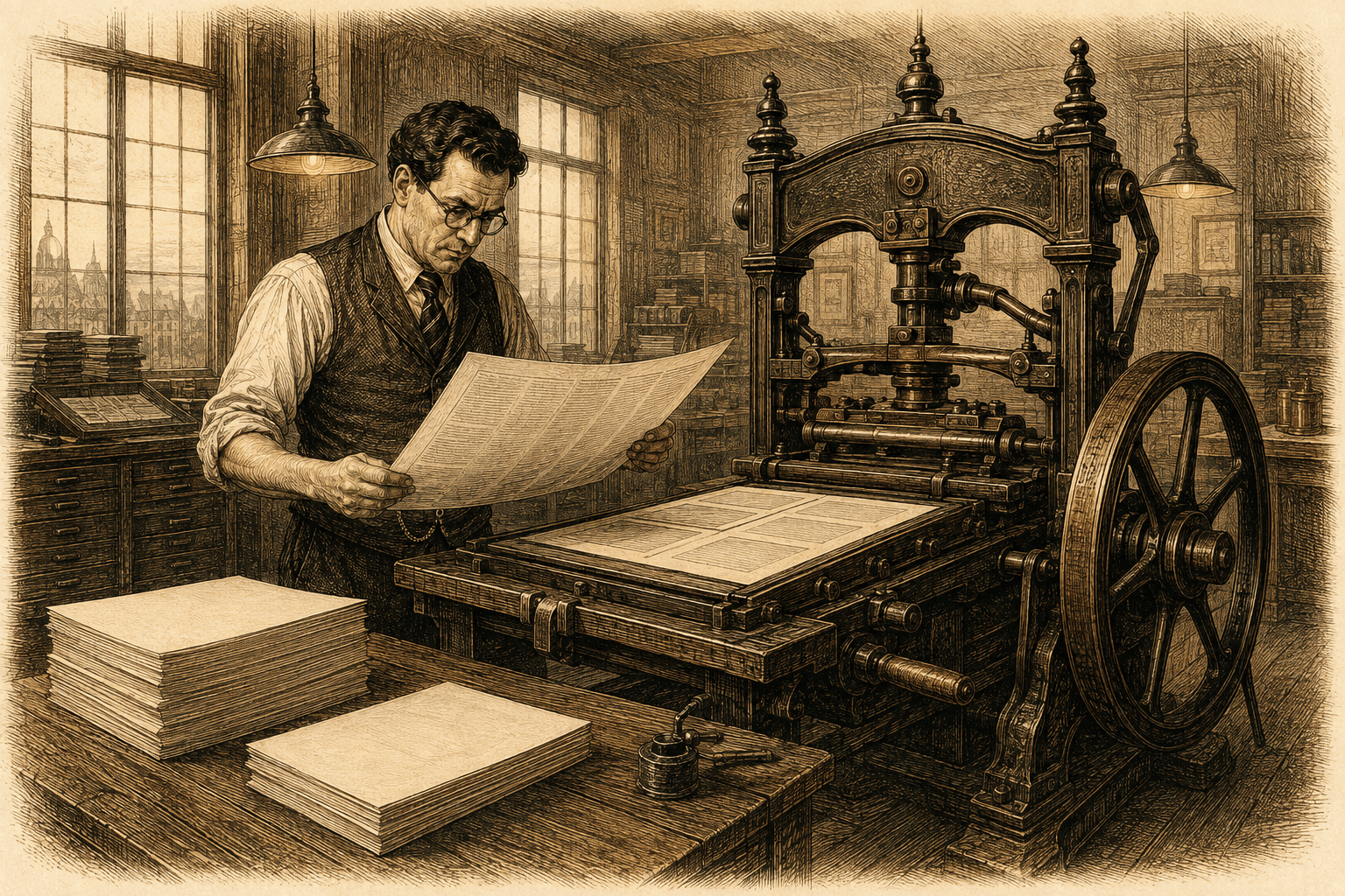 An editor checks a proof beside an old printing press in the morning light.