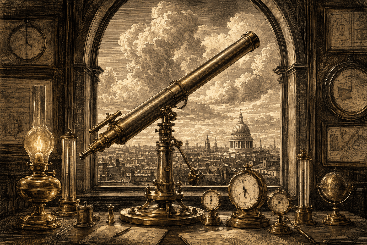 A brass telescope and weather instruments overlook rooftops beneath billowing clouds.