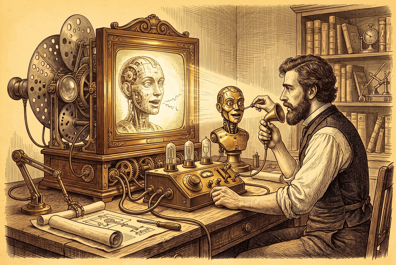 A bearded man operates a desktop machine projecting a glowing humanoid face on a screen beside a small robot bust.