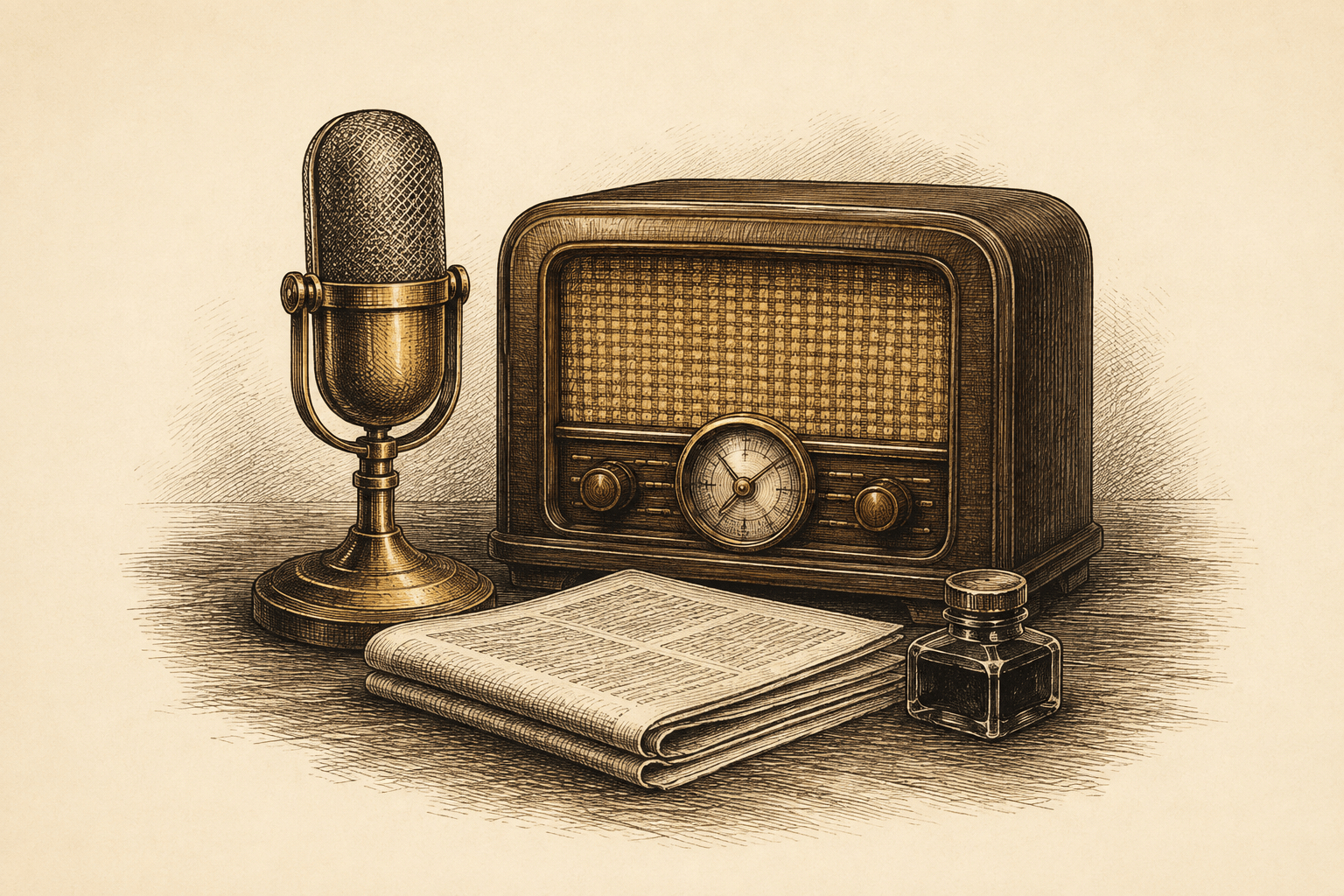 Fine-line engraving of a broadcast microphone, walnut radio and folded newspaper