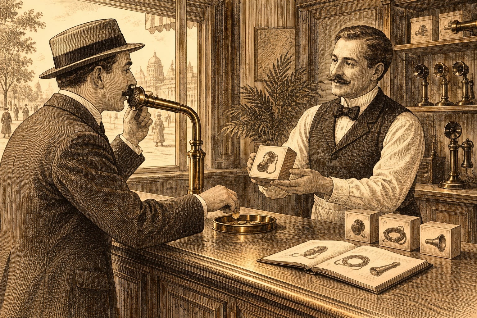 A customer speaks into a brass tube while paying a shopkeeper for a boxed telephone accessory.