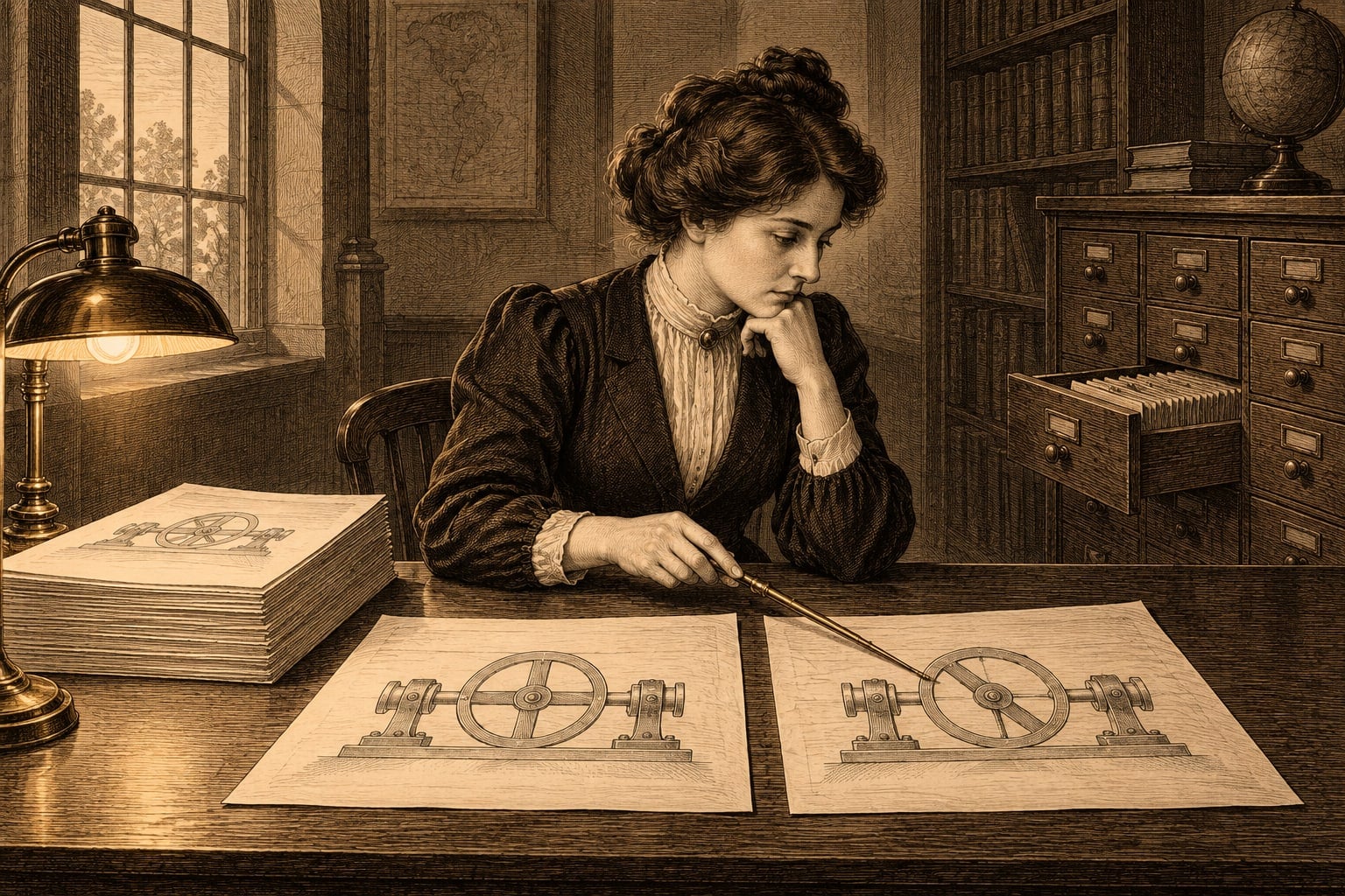 An archivist uses a pointer to compare two different mechanical diagrams beside a stack of matching records.