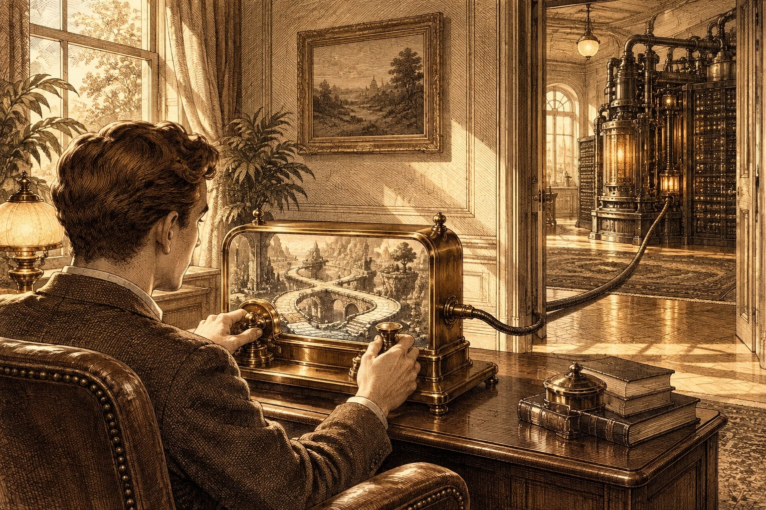 An operator plays on a small brass console linked by a cable to a larger machine in the next room.