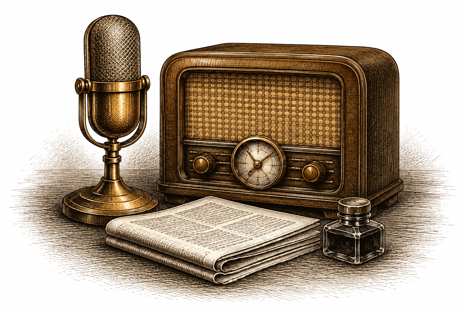 A brass microphone, walnut radio and folded newspaper, illustrated in the Journal’s engraving style
